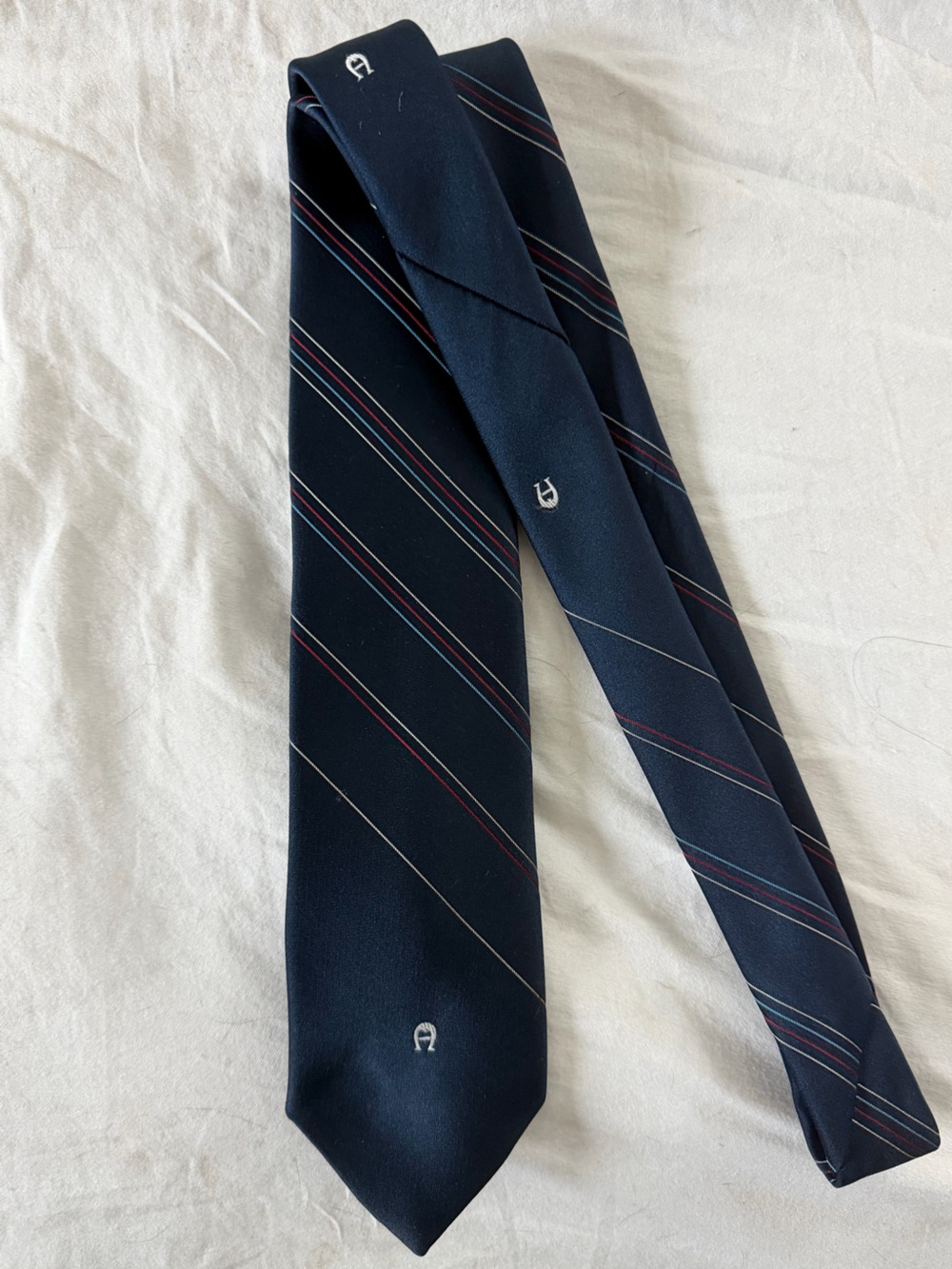 Etienne Aigner Navy Striped Silk Tie with Red and White Accents